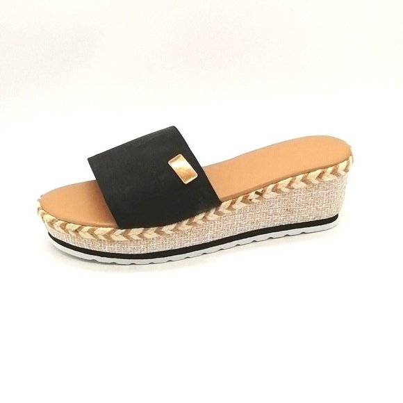 Womens Espadrille Platform Slide Sandals Black Wedge Braided Trim‎ EUR 41 NEW - Picture 1 of 9